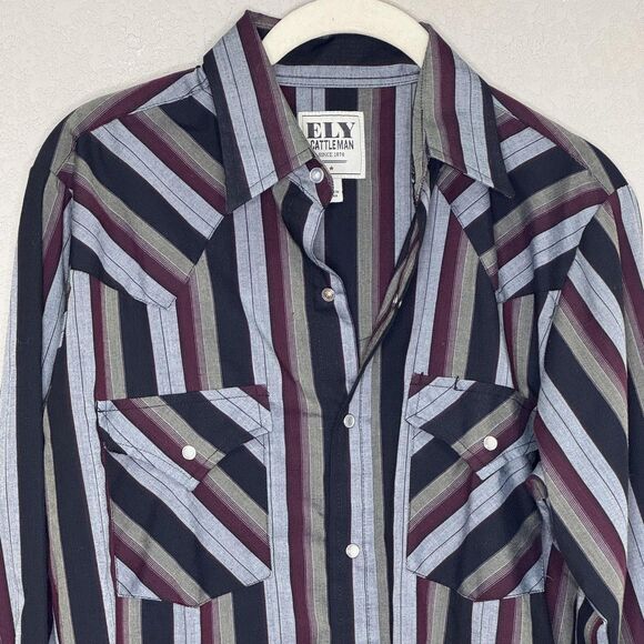 Ely Cattleman Shirt Mens Small Black Gray Burgundy Striped Western Pearl Snap - Picture 3 of 6